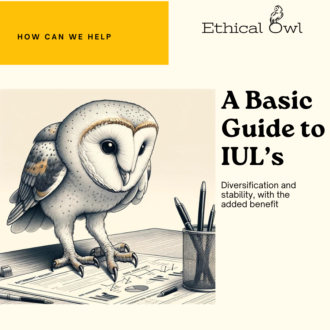 Barn owl looking over and investment portfolio on a desk. Article Title is "A Basic Guide to IULs"